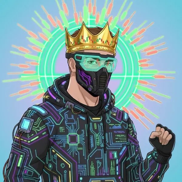 A digital illustration of a cyberpunk-styled figure wearing a circuit-patterned hoodie, futuristic visor, and a gold crown, set against a glowing neon halo background. The regal, tech-forward imagery matches the post's "GM kings and Queens" greeting, with the crown symbolizing royalty and the neon aesthetic fitting crypto Twitter's "GM" culture.