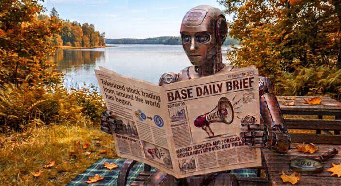 A highly detailed digital illustration of a humanoid robot sitting on a wooden park bench by a lake during autumn. The robot is holding and reading a newspaper titled 'BASE DAILY BRIEF', dated '15 September 2026', with headlines about tokenized stock trading.