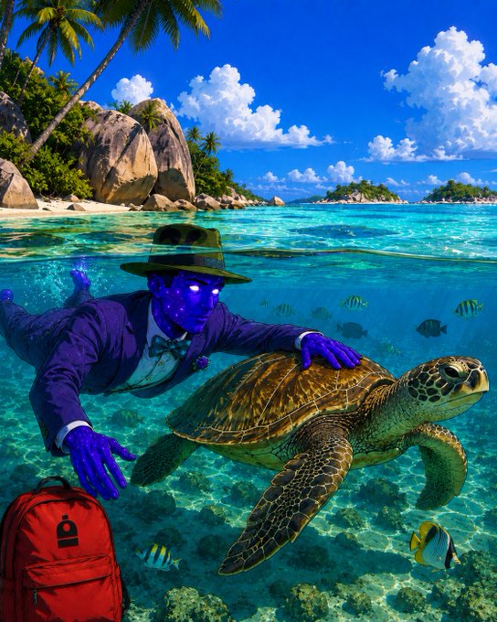 A surreal image showing a blue-skinned man in a purple suit and fedora swimming underwater with a sea turtle, with a tropical island and palm trees above water.