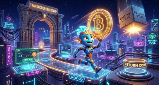 A vibrant digital illustration of a robot character holding a Bitcoin coin in a futuristic cityscape, featuring text like 'TRANSACTION TIMESTAMP', 'CRYPTO EXCHANGE', and 'GLOW PAD'.