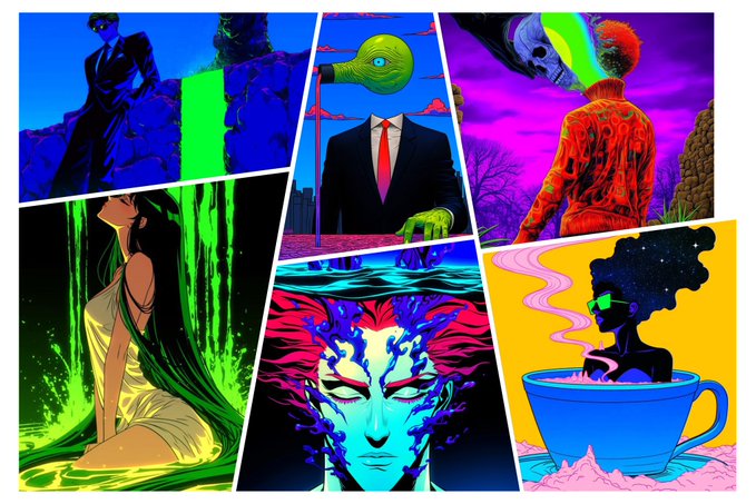A collage of vibrant, surreal digital art pieces featuring figures, green liquid, and bold colors in a comic-panel layout.