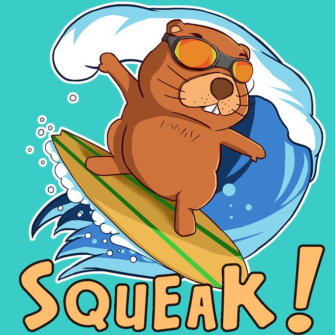 A cartoon illustration of a brown beaver wearing orange goggles surfing a wave with the word 'SQUEAK!' displayed below.