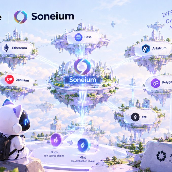 A promotional graphic for 'Soneium' blockchain features floating islands connected by light beams, surrounded by logos for Ethereum, Optimism, Base, Arbitrum, Polygon, etc., with a small white cat mascot at a 'Burn/Mint' station.