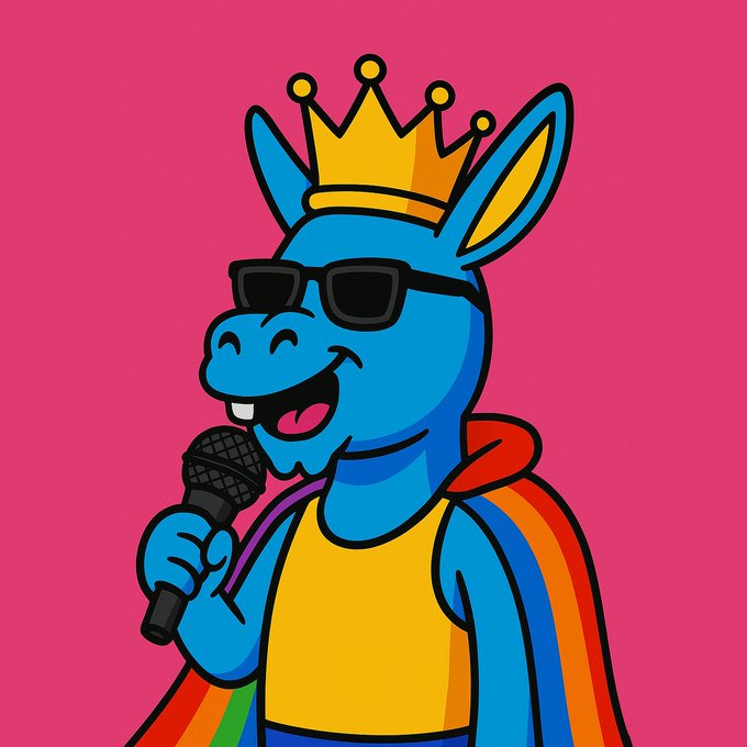 The image features a cartoon donkey wearing sunglasses and a crown, holding a microphone and singing into it. The background color is pink with white text that reads "Gm With the staking alone, it would be totally worth it to be @Donkey_DAO and @Its_Ha_Dost still insist for doing about 350 games/week in the server. Managed to get 
50A and 100k $Grass in just a couple of days! Thanks to you Dost, I can still feed the family". The cartoon donkey is positioned towards the center of the image with its mouth open as if singing into the microphone.