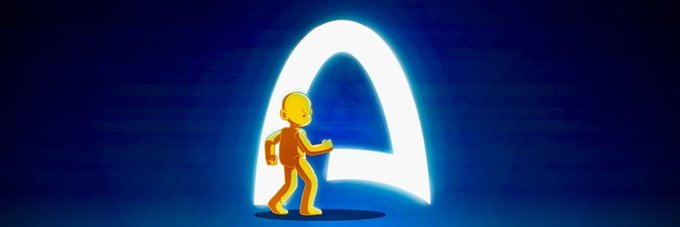 An animated graphic showing a small yellow figure walking in front of a glowing white archway against a blue background.