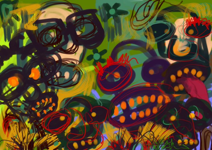 An abstract digital painting featuring chaotic green, yellow, red, and black scribbles and shapes.