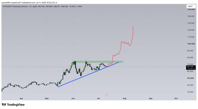 A TradingView chart of HYPE/USDT Perpetual Contract shows a breakout from a rising wedge/triangle pattern (highlighted in blue), with the projected trajectory (red line) suggesting a potential rally toward $120-130, currently trading around $67. The annotation "$hype" references the token's apparent bullish momentum following its technical breakout.