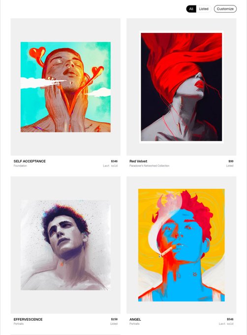 An online art gallery page displays four portrait listings: 'SELF ACCEPTANCE' ($140), 'Red Velvet' ($99), 'EFFERVESCENCE' ($150), and 'ANGEL' ($548).
