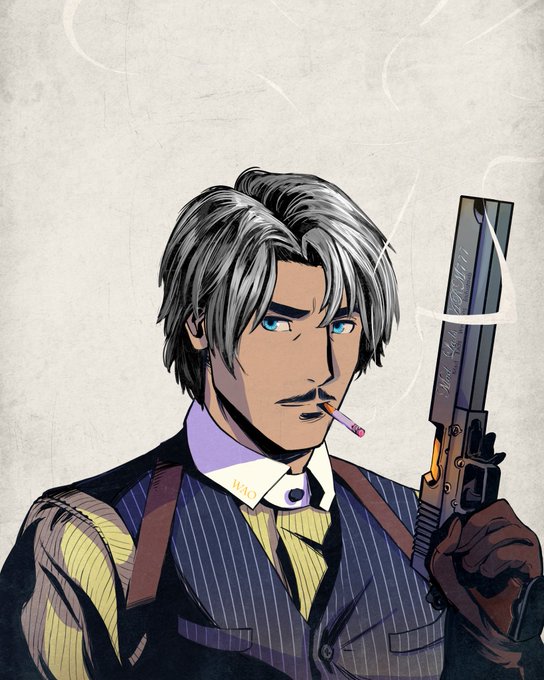 An anime-style illustration of a silver-haired, mustachioed man in a pinstriped vest and purple collar, smoking a cigarette and holding a smoking revolver branded 'UNCLE MAXIM'.
