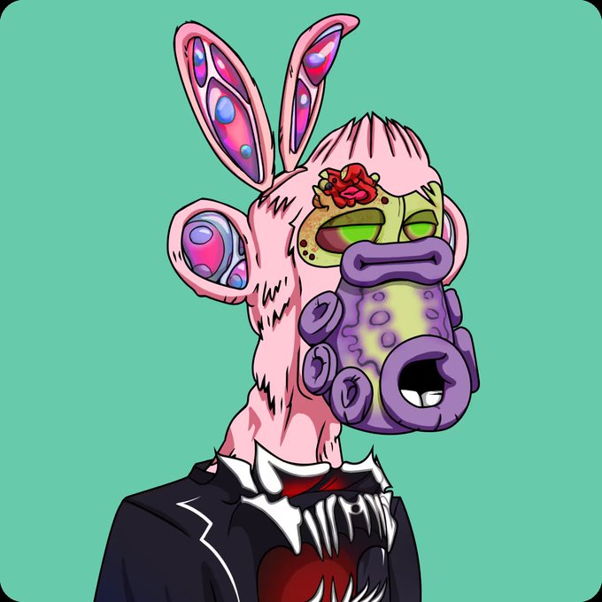 Digital illustration of a surreal anthropomorphic pink rabbit-like creature wearing a tuxedo, with a green face, red rose, purple lips, and colorful jellybean-patterned ears against a mint green background.