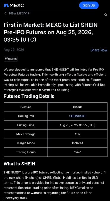 MEXC exchange announcement for the listing of SHEIN/USDT Pre-IPO Perpetual Futures on August 25, 2026, with 20x maximum leverage and 24/7 trading.