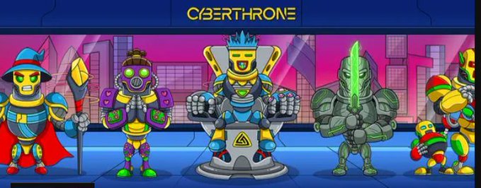 Screenshot from the video game 'Cyberthrone' showing five colorful cyborg-style characters standing in a neon-lit futuristic city.
