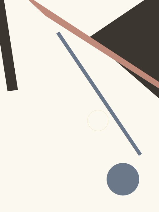 An abstract geometric composition featuring a dark blue circle, a blue-gray line, a thin orange circle, and brown and black angular shapes on a cream background.