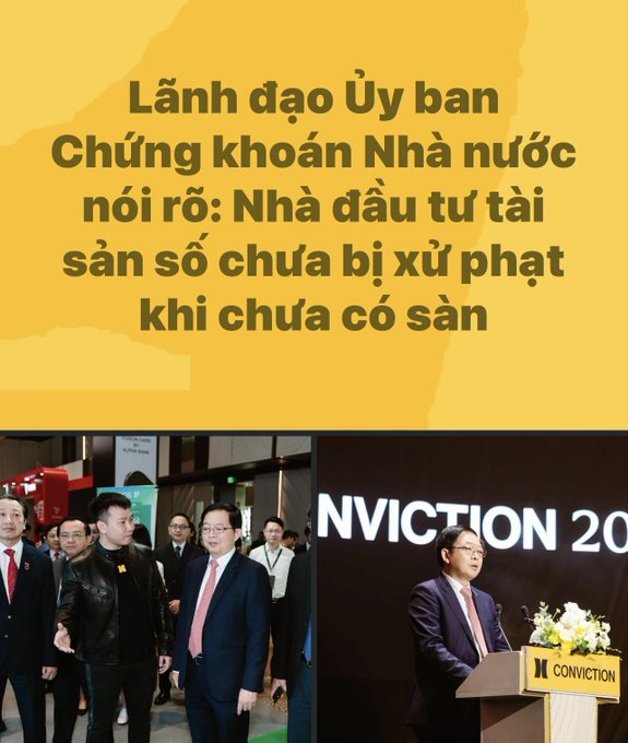Vietnamese news graphic about the State Securities Commission clarifying that investors with non-existent securities haven't been penalized, shown above photos of officials at a 'CONVICTION 20' event.