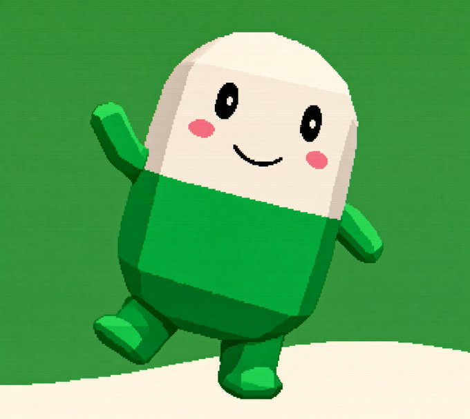 A 3D-style pixelated character with a white cube-shaped head, green body, and a smiling face with pink cheeks, walking on a beige path against a green background.