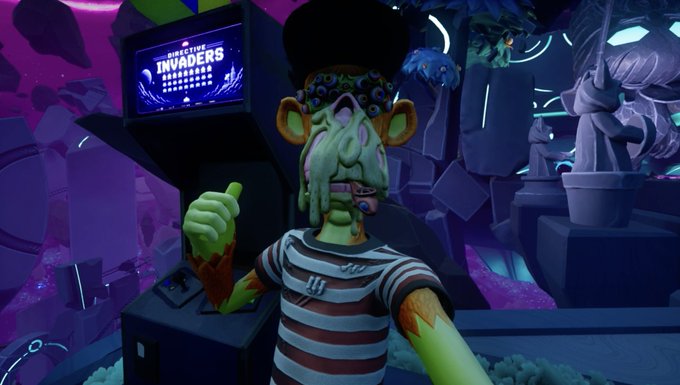 A green-skinned cartoon zombie character in a striped shirt stands in front of an arcade cabinet labeled 'Directive Invaders'.