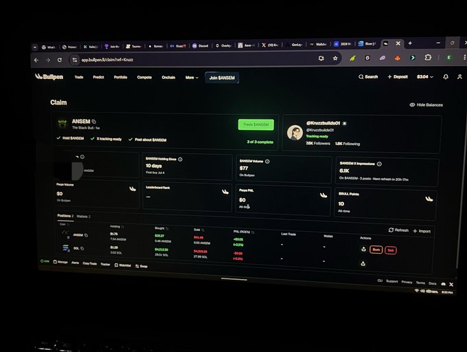 A laptop screen displays the Bullpen app showing the $ANSEM token on the "Claim" page, with key metrics visible including $577 in $ANSEM volume, 6.3K impressions on X, and the trending metric showing 10 dings. The image supports the post's message about reduced hype for $ANSEM by showing a relatively modest active user count of 2 and the token's falling metrics on the trading platform.
