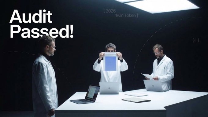 Three men in white lab coats examine documents and laptops in a dimly lit room with the text 'Audit Passed!' and '[2026 1win Token]' displayed.