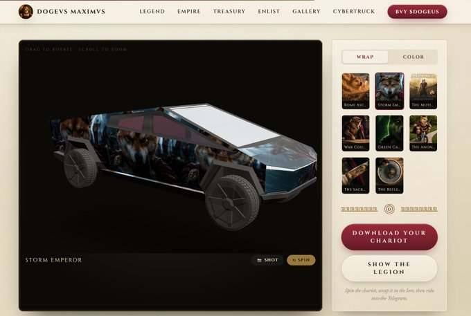 The image features a screenshot of an online store showcasing a graphic car design with a storm horse theme, displayed on the website. The car's color scheme appears predominantly dark blue and white, which suggests that the designer has made use of both these colors in their work. The text on the screen indicates that the image is a product listing for the car, and it is available to download your chariot at the bottom of the page. The post by @elonmusk mentions an interesting connection between this design concept and the Tesla Configurator, possibly hinting at the use of this design in Tesla vehicles as well.