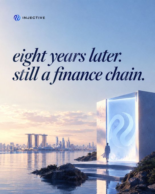 An advertisement for "INJECTIVE" features the text "eight years later. still a finance chain." in dark blue italics above a futuristic cityscape by the water and a glowing cube structure with a logo.