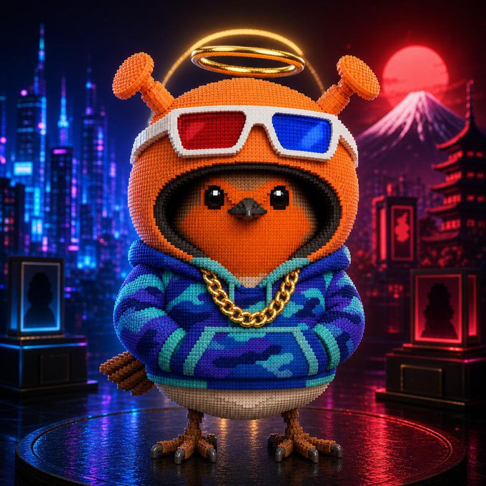 A knitted orange bird NFT character wearing a blue and teal camouflage hoodie, gold chain, 3D glasses, and a glowing halo stands on a stage with a neon cyberpunk cityscape and Mount Fuji backdrop. The image showcases one of the "Honorary $Roberts" Quirky NFT collectibles being celebrated in the post.