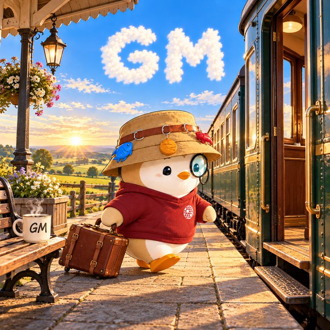 A charming cartoon penguin wearing a safari hat and red sweater stands on a train platform with a vintage suitcase, beside a train under a sky where "GM" is written in clouds, matching the "GM" greeting on a coffee mug—capturing the casual morning vibe of a crypto community discussion about the XRP Ledger bug disclosure.