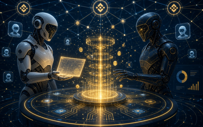 Two humanoid robots—one white, one black—face each other across a glowing circular console displaying floating data panels, financial charts, and holographic token icons, with a luminous column of light between them symbolizing agent-to-agent commerce. The image visualizes the post's theme of AI agents directly hiring, verifying work, and transacting with one another, as showcased by Termix AI at TOKEN2049.