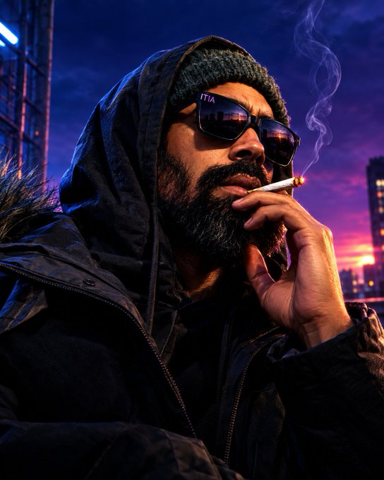 A stylized portrait shows a bearded man wearing a hooded jacket, beanie, and dark sunglasses, smoking a cigarette against a vibrant sunset cityscape.