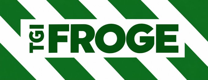 A green and white logo with diagonal stripes reading 'TGI FROGE'.