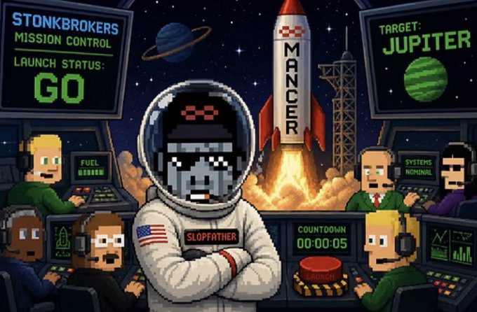 A pixel art illustration styled like a retro video game shows a slouched, masked figure wearing a spacesuit labeled "SLOPFATHER" in a mission control room, with green screens displaying "STONKBROKERS MISSION CONTROL - LAUNCH STATUS: GO" and "TARGET: JUPITER" alongside a rocket also marked "MANCER" blasting off toward the green planet. The countdown reads "00:00:05," fitting the post's announcement of Mancer—dubbed "The Jupiter" of RobinhoodCrypto—as the next StonkBrokers special project for ClutchMarkets.