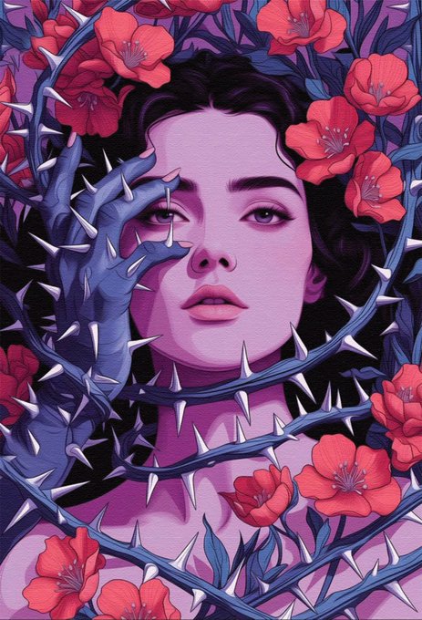 A digital illustration depicts a woman's face partially obscured by sharp, purple-blue thorny vines and vibrant red flowers, her hand with elongated claws reaching toward her eye. The artwork, titled "Not the Whole Picture" by artist @OGDSZN (AEW), evokes a sense of struggle and beauty intertwined, fitting the celebratory tone of the post about selling an edition to a collector.