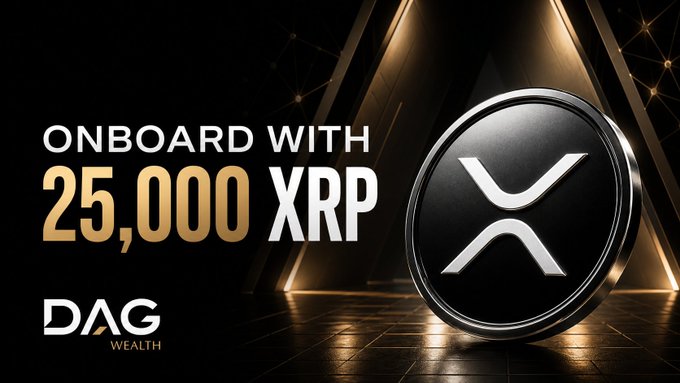The promotional graphic from DAG Wealth invites users to "ONBOARD WITH 25,000 XRP," featuring a large metallic XRP coin logo against a dark, geometric background, aligning with the post's message of expanding access to institutional-grade crypto custody and strategies.