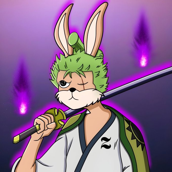 A green-haired rabbit samurai in a white robe wields a glowing sword against a purple backdrop, symbolizing Zoza's bold and warrior-like determination to reach his ambitious 8-figure target in crypto, despite starting from modest wins like his $2.2k Notcoin profit.