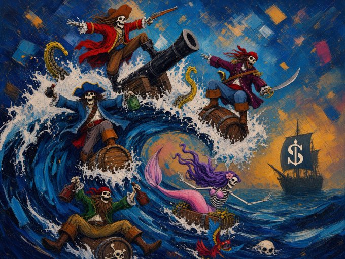 A vibrant, stylized illustration of skeletal pirates riding giant waves on barrels, accompanied by a mermaid, with a pirate ship flying a dollar-sign flag in the background.