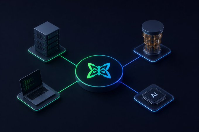 A glowing butterfly logo sits at the center of an isometric network diagram, connecting a server rack, quantum computer, laptop with code, and an AI chip—all rendered in neon blue and green against a dark background. The image visually illustrates the post's theme of integrating decentralized compute with quantum-ready infrastructure to meet growing AI demands, with the "AI" label on the chip emphasizing the AI-driven focus on the Quip Network ecosystem.