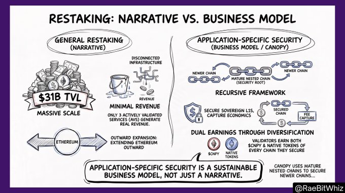 Infographic titled "Restaking: Narrative vs. Business Model" comparing General Restaking ($31B TVL with minimal revenue) against Application-Specific Security / Canopy, which uses mature nested chains for recursive security and dual $CNPY + native token earnings, credited to @RaeBitWhiz.