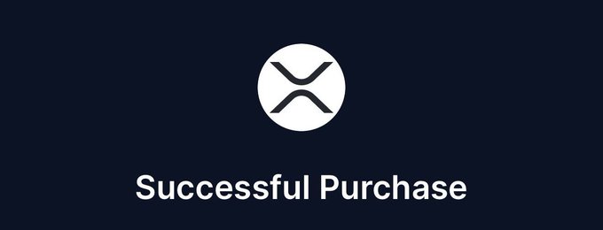 The image displays the XRP logo (a stylized "X" inside a white circle) on a dark navy background, with the text "Successful Purchase" below it, visually confirming the buy transaction of $XRP announced in the accompanying post.