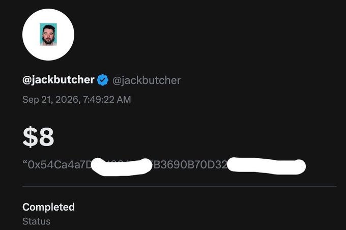 A tweet from verified user @jackbutcher dated Sep 21, 2026 shows "$8" alongside an Ethereum wallet address (partially redacted as "0x54Ca4a7D...B3690B70D32...") with a "Completed" status, indicating an NFT minting transaction. The post confirms this represents a successful mint of one of Jack Butcher's NFTs for the low price of $8.