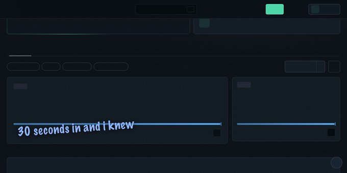 A dark-themed digital interface with blue text boxes, one containing the handwritten-style phrase '30 seconds in and i knew'.