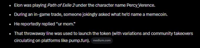 A screenshot showing a Medium post about the origin of the "urmom" memecoin, explaining that Elon Musk's joke reply to a trader in Path of Exile 2 (playing as Percy_Verence) spawned the token, which now circulates on platforms like pump.fun—context behind the "Urmom made me rich" caption.