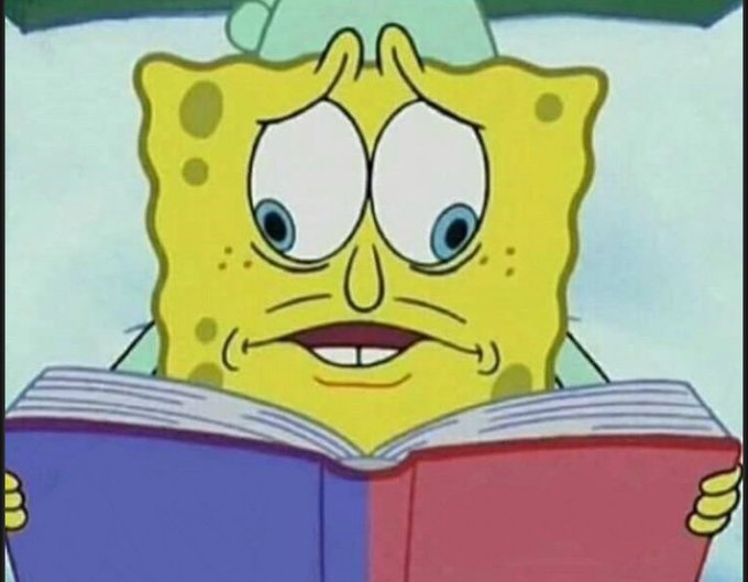 A close-up of SpongeBob SquarePants looking worried or concerned while holding a large red book open in his hands.
