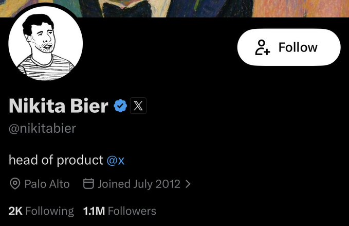 A Twitter/X profile page for Nikita Bier (@nikitabier), head of product at X, based in Palo Alto with 1.1M followers, paired with a post criticizing X's algorithm suppression and corporate narrative control in favor of decentralization. The profile image of X's head of product visually anchors the user's critique of the platform's algorithm manipulation.