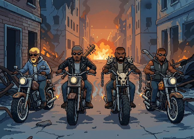 A pixel art illustration of four bikers in sunglasses and leather jackets riding through a ruined city street with explosions in the background.