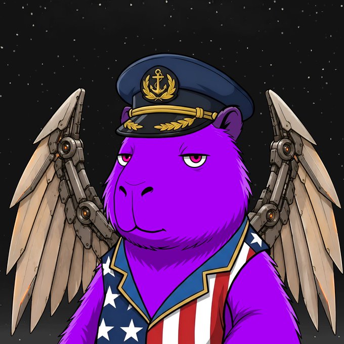 A digital illustration of a purple bear wearing a navy captain's hat and an American flag-patterned jacket, with mechanical angel wings against a starry background.