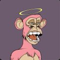A digital illustration of a pink monkey with a halo above its head, grinning widely to show its teeth against a solid gray background.