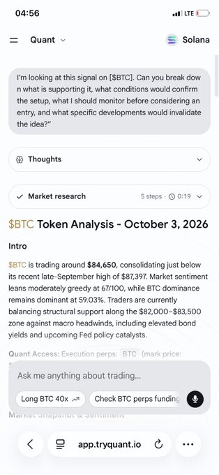 A mobile screenshot of the Quant app on Solana showing a BTC Token Analysis dated October 3, 2026, with BTC trading around $84,650 and high at $87,397.
