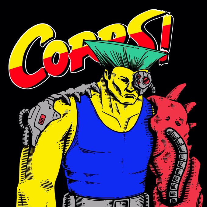A comic-style illustration of a yellow-skinned cyborg with a green mohawk and robotic parts, standing in front of "CORPS" text in yellow and red.