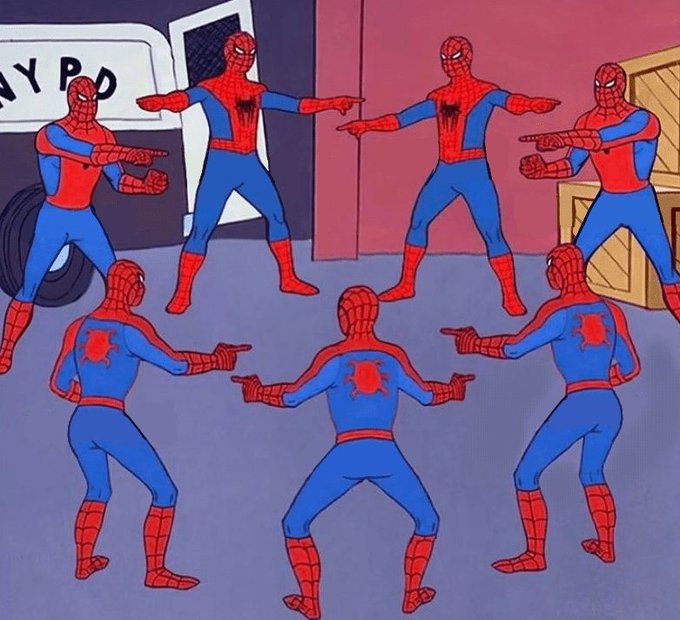 Multiple Spider-Men point fingers at each other in a circle, illustrating blame-shifting in the memecoin casino, where every participant accuses the others of causing their losses. The NYPD van in the background suggests the chaotic aftermath of everyone pointing fingers for their financial ruin.