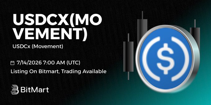 A promotional graphic announcing the listing of USDCx (Movement) on BitMart, featuring the BitMart logo and a USDC coin illustration, with text highlighting the July 14, 2026, 7:00 AM UTC listing date and trading availability.