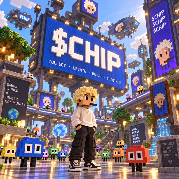 Vibrant 3D pixel/block art cityscape featuring a character with blonde hair standing before a large billboard displaying '$CHIP - COLLECT • CREATE • BUILD • TOGETHER', surrounded by various block characters and signs reading 'A SMALL WORLD, A BIGGER COMMUNITY'.
